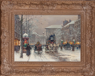 Snowy city street carriage boys - a painting of a horse free wallpaper