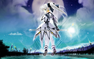 Anime girl sword water moon - a full moon in the background free wallpaper for desktop