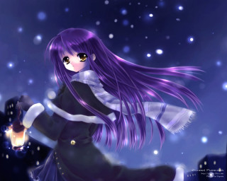 Purple haired girl snow lantern - white collar free wallpaper