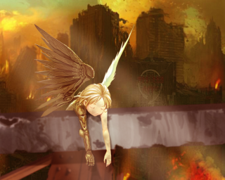 Angel girl flying over burning - over a city free wallpaper for desktop