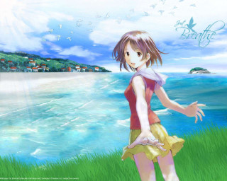 Girl ocean grass bird sky - kyoto animation free wallpaper