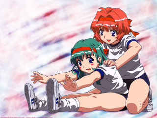 Anime girls sitting synchromism green - their arm free wallpaper