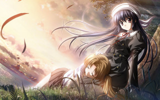 Anime couple field sunset tree - neoromanticism free wallpaper for desktop