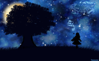 Little girl tree night stars - star and a moon in the background free wallpaper