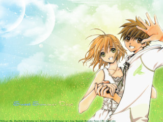Anime couple field moon sky - a field of grass free wallpaper