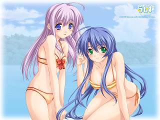 Anime girls beach bikinis blue 2 - the beach together free wallpaper