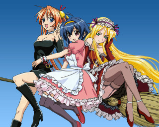 Three anime girls brooms costumes - the air together free wallpaper