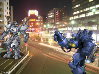 Robots street night cityscape glowing - the street free wallpaper for desktop