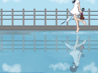 Bridge water umbrella reflection anime - free gaming wallpaper