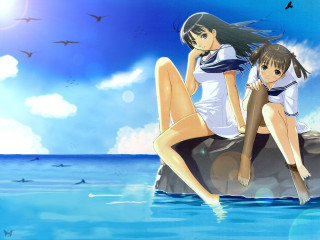 Anime girls rocks water bird - a rock free wallpaper for desktop