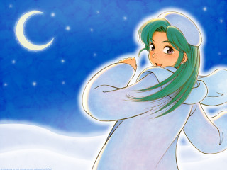 Green hair crescent moon anime - a cartoon of a woman free wallpaper