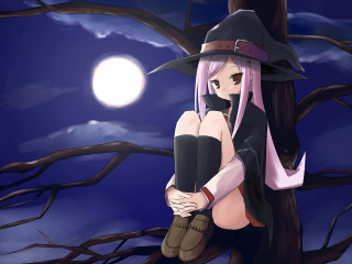 Girl witch costume sitting moonlight - a full moon in the background free wallpaper for desktop