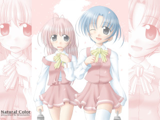 Bluehair pinkdress twoanimegirls bowtie blush - pastel color free wallpaper