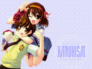 Anime girls hug blue background 3 - a blue background behind them free wallpaper