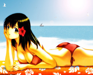 Beach bikini flower bird anime - over her head free wallpaper for desktop