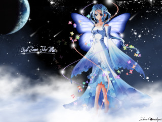 Fairy blue dress stars wings - a full moon behind her free wallpaper