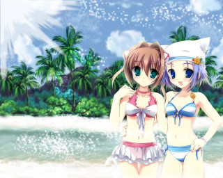Beach anime girls palm trees - summer free wallpaper