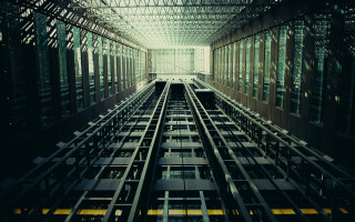 Tall building windows bars skylight - deep 3 point perspective free wallpaper