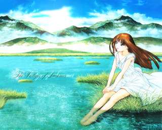 Girl rock lake mountains sky - the background and a sky free wallpaper