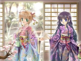 Cherry blossoms anime girls kimono - traditional free wallpaper