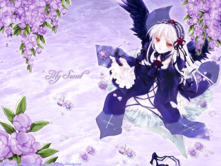 Anime girl white hair blue 16 - purple flower free wallpaper for desktop