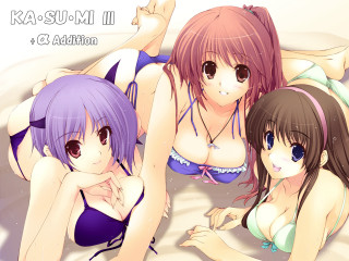 Three anime girls bed captions - a bed together free wallpaper