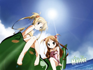 Anime sisters sitting on rock - the sun shining behind them free wallpaper