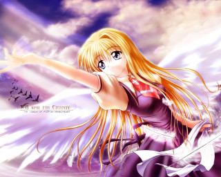 Blonde girl purple dress flying - long blonde hair free wallpaper