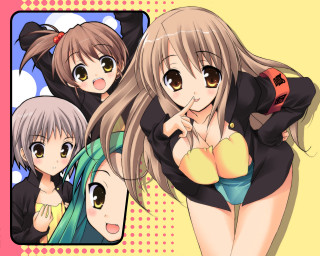 Anime girls pose yellow pink - a picture together free wallpaper