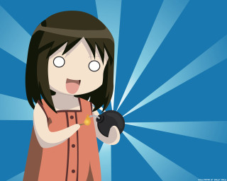 Cartoon girl black object smiling - a blue background behind her free wallpaper