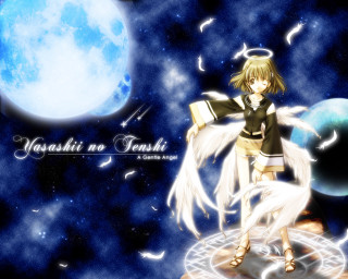 Anime girl angel wings moon - a rock in front free wallpaper