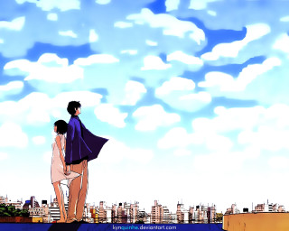 Rooftop couple city skyline manga - city background free wallpaper for desktop