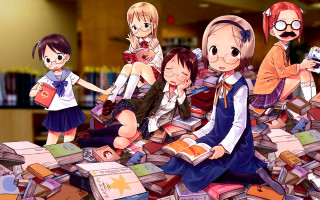 Anime girls book pile manga - top of a pile free wallpaper