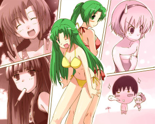 Anime girls green hair pink - a picture together free wallpaper