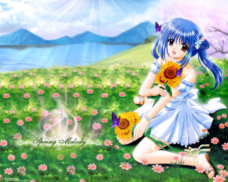 Girl field butterfly blue hair - her hand and a butterfly free wallpaper