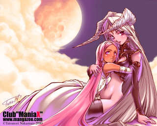 Full moon hugging anime girls - a full moon behind them free wallpaper