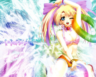 Cartoon girl wave green object - a pink hat free wallpaper