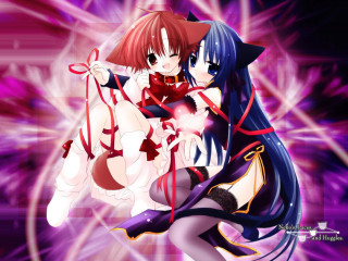 Anime girls hugging purple pink - a purple background behind them free wallpaper