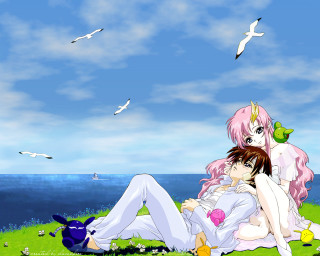 Anime girls grassfield seagulls birds - neoromanticism free wallpaper for desktop