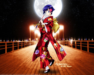 Kimono woman night fullmoon sky - a woman in a kimono free wallpaper