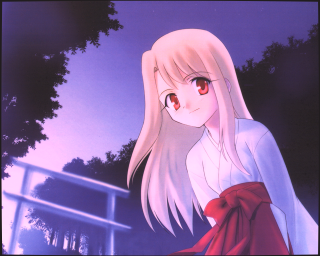Girl long white hair red 2 - a fence and trees free wallpaper