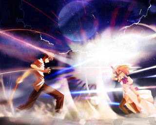 Dancing anime couple lightning explosions - behind them free wallpaper for desktop