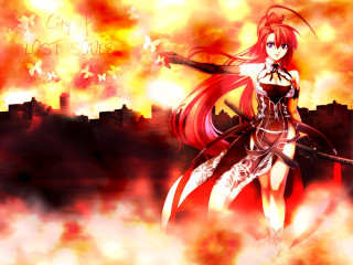 Fiery sword woman cityscape autumn - long red hair holding free wallpaper