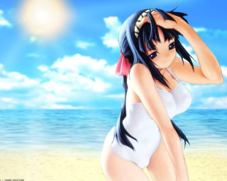 Woman beach white suit sunny - a sun in the background free wallpaper