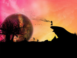 Sunset hilltop silhouette pinksky matte - matte fantasy painting free wallpaper