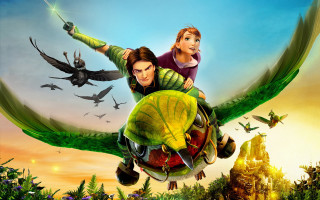 Couple riding green dragon forest - a castle in the background free wallpaper