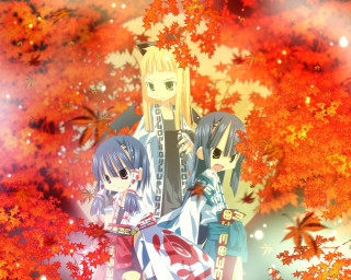 Anime girls autumn leaves shrine - a umbrella free wallpaper