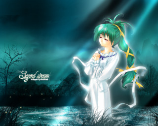Green hair girl swamp moon - a full moon behind her free wallpaper