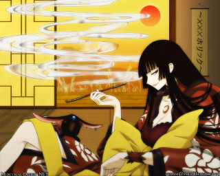 Woman kimono smoking sunset dog - a cigarette in front free wallpaper
