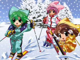 Skiing anime girls snow trees - the ground behind them free wallpaper